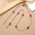 Silver metal chain crossbody strap with red enamel flower charms and lobster clasps - Red