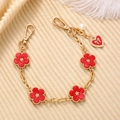Cadena dorada con flores de esmalte rojo y perla para teléfonos o bolsos de mano - Cadena de mano / Rojo