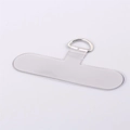Detail view of transparent TPU phone tether tab with silver metal D-ring attachment - Light Gray