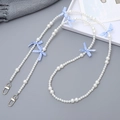 Crossbody phone lanyard with white pearls and blue checkered bows for women's bags - Blue Bow (K3449)