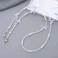 Elegant pearl phone lanyard with purple checkered bows and silver metal clasps - Purple Bow (K3450)