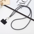 Close-up of sparkling grey mesh cord phone lanyard with metal ring and black connector tab - Black