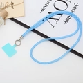 Blue glitter phone lanyard with silver metal ring and strap card on a stylish desktop - Dark Blue