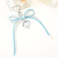 Sweet light blue and cream bow keychain with polished heart pendant and zinc alloy hook - White + Blue