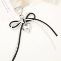 Fashionable leather bow pendant with silver heart charm for bags and keychains - White + Black