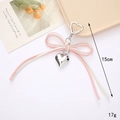 Pink and white bow pendant keychain with silver heart charm and metal ring for bags - White + Pink
