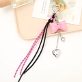 Pink PU leather bow keychain with heart pendants and black braided rope lanyard - Light Pink Bow