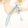 Light blue PU leather bow keychain with silver heart charms and braided straps for bags - Light Blue Bow