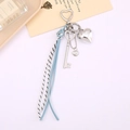 Blue and black bow keychain with heart pendants and love you engraved tag - White/Blue