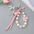Pink acrylic beaded lanyard with silver balloon dog pendant and heart carabiner charm - Leather Rope + Acrylic Beaded Pendant Pink (K4523)