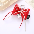 Red bow leather keychain with silver heart charm and metal clasp for handbags - Cotton Filled Leather Bow Pendant Red (K4113)