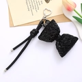 Black pleated bow bag charm with silver heart clip and faux leather strap keychain - Leather Rope + Plaid Leather Bow Pendant Black (K4130)