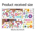 Detailed product size chart of cartoon owl and flower wall decals with dimensions - Standard Layout / Colorful