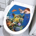 Detail van 3D oceaanwereld toiletdekselsticker met tropische vissen en zeeschildpad - 3D Oceaanwereld (M-37)