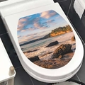 Adhesive toilet cover decal featuring a scenic coastal landscape with ocean waves and rocks - Seaside Rocks Waves (M-53)