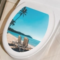 Adhesive toilet lid decal featuring a tropical beach scene with palm trees and ocean - Tropical Beach Scenery (M-54)