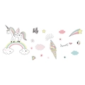 Dettaglio di adesivi murali con unicorno e arcobaleno color pastello per camerette bimbi - 40x40cm