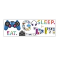 Flat lay of Eat Sleep Game wall stickers featuring blue controllers and gaming headsets - 30x90cm Layout