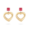 Detail of gold heart earrings with square red zircon stones for a romantic look - Gold/Pink (NMSE-D121-2)