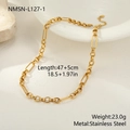 Close-up of gold stainless steel chunky chain necklace with detailed size and weight specs - Unisex Chunky Necklace (NMSN-L127-1)