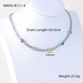 Zilveren Cubaanse schakelketting met vijf kleurrijke hartvormige zirkoonstenen in stijl - Kleurrijke Hart Cubaanse Schakelketting (NMSN-B111-4)