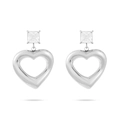 Sleek stainless steel heart earrings featuring square cubic zirconia stones on white background - Silver/Clear (NMSE-D121-4)