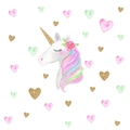 Adesivo murale unicorno acquerello arcobaleno per cameretta con fiori e cuori dorati brillanti - Unicorno Con Stelle (FX64048)