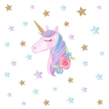Dettaglio di adesivo murale unicorno acquerello con corno dorato e decori floreali - Unicorno Con Cuori (FX64049)