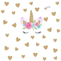 Détail d'un sticker mural licorne avec corne à paillettes dorées et couronne de fleurs - Style Licorne Aquarelle Rose avec Cœurs Pailletés (FX64072)