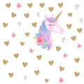 Détail d'autocollant mural licorne avec cœurs dorés et motifs floraux roses - Style Tête de Licorne avec Cœurs Colorés (FX64070)