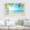 Detaillierter 3D-Wandaufkleber mit offenem Fensterblick auf Tropenstrand und Palmen - Tropischer Seelandschaftsstil (FX82054)