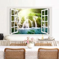 Adesivo murale 3D con cascata nella foresta attraverso una cornice di finestra bianca - Paesaggio Cascata della Foresta Verde (FX82049)
