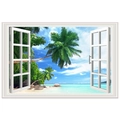 Detail eines 3D-Fensteraufklebers mit tropischem Strand, Palmen und Meerblick-Motiv - Klare Aussicht auf den Ozean (FX82056)