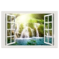 Detail of 3D fake window wall sticker featuring a forest waterfall and sunlight - Forest Waterfall (FX82049)