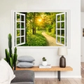 Dettaglio dell'adesivo murale 3D con foresta, effetto luce solare e cornice bianca finta - Paesaggio Sentiero Forestale Soleggiato (FX82050)