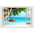 Detail eines 3D-Wandaufklebers mit falschem Fenster, Tropenstrand, Palmen und blauem Meer - Tropische Insel (FX82057)
