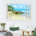 3D fake window wall sticker featuring a tropical beach view with blue sea and sand - Blue Sea and Sky Style (FX82060)