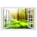 Detailed 3D wall sticker featuring a white open window view of a sunny green forest landscape - Green Forest (FX82051)