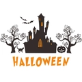 Pegatina de pared de Halloween con castillo encantado, calabazas, gatos negros y murciélagos - Diseño de 56*60cm