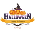 Detailed flat vector stickers featuring Halloween pumpkins with a purple wizard hat and bats - 26.7x60cm