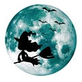 Leuchtender Halloween Wandaufkleber mit Hexen-Silhouette vor grünem Vollmond Motiv - 30*30cm / Grün