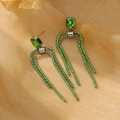 French vintage silver steel earrings with emerald green crystals and long tassels - Steel Green (NMSE-C245-4)