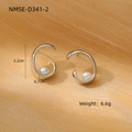 Macro detail of crescent titanium earrings with pearls including size and weight specs - 18K Gold / Steel Color C-Shaped Curved Artificial Pearl Style (NMSE-D341-2)
