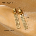 Detailed macro view of 9cm long golden tassel earrings with dimensions and weight info - Gold Oval Snake Chain Tassel Style (NMSE-C334-1)