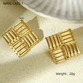 Detail of square textured gold-tone titanium steel earrings with 4cm diameter size - Square Ribbed Stud Earrings (NMSE-D552-1) / Gold