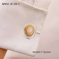 Elegant gold oval cufflinks with pink stone on white shirt cuff, size 1.5cm by 1.3cm - Rose Quartz (NMSC-R139-1)