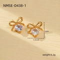 Gold bow heart stud earrings with cubic zirconia, size 2cm by 1.91cm, total weight 6.2g - 18K Gold / Heart Rhinestone Bow Style (NMSE-D438-1)