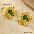 Macro view of gold spiral earrings with teardrop green stones and dimension details - Green Water Drop Gemstone Vortex Style (NMSE-D845-1)