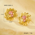 Close-up of 18K gold stainless steel swirl earrings with pink zircons and size specs - Pink Water Drop Gemstone Vortex Style (NMSE-D845-3)