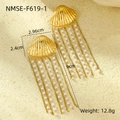 Detailed view of gold shell earrings with pearl tassels and specific size dimensions - Gold Shell Pearl Long Fringe Dangle (NMSE-F619-1)